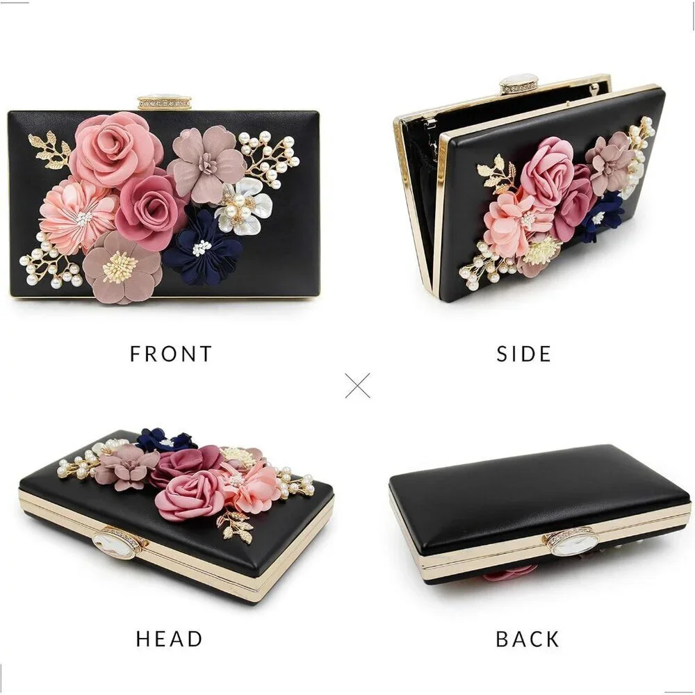 Women's Flower Evening Clutch Purse Floral Satin Leather Wedding Party Bag